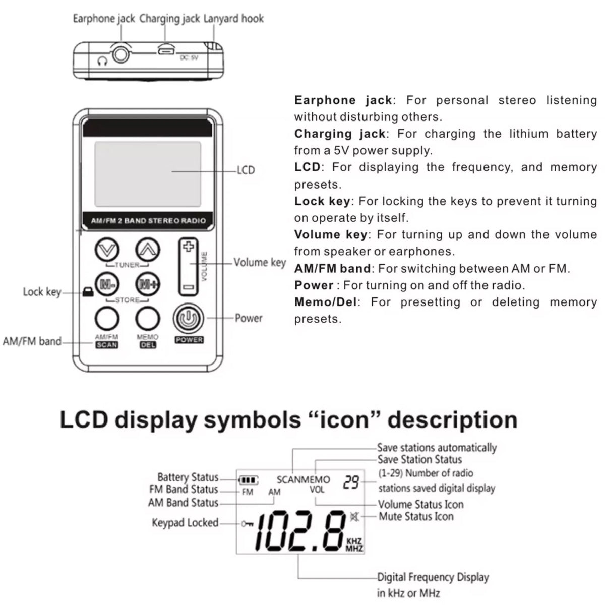 Digital Portable Pocket LCD AM FM Radio Stereo USB Rechargeable w/Earphone