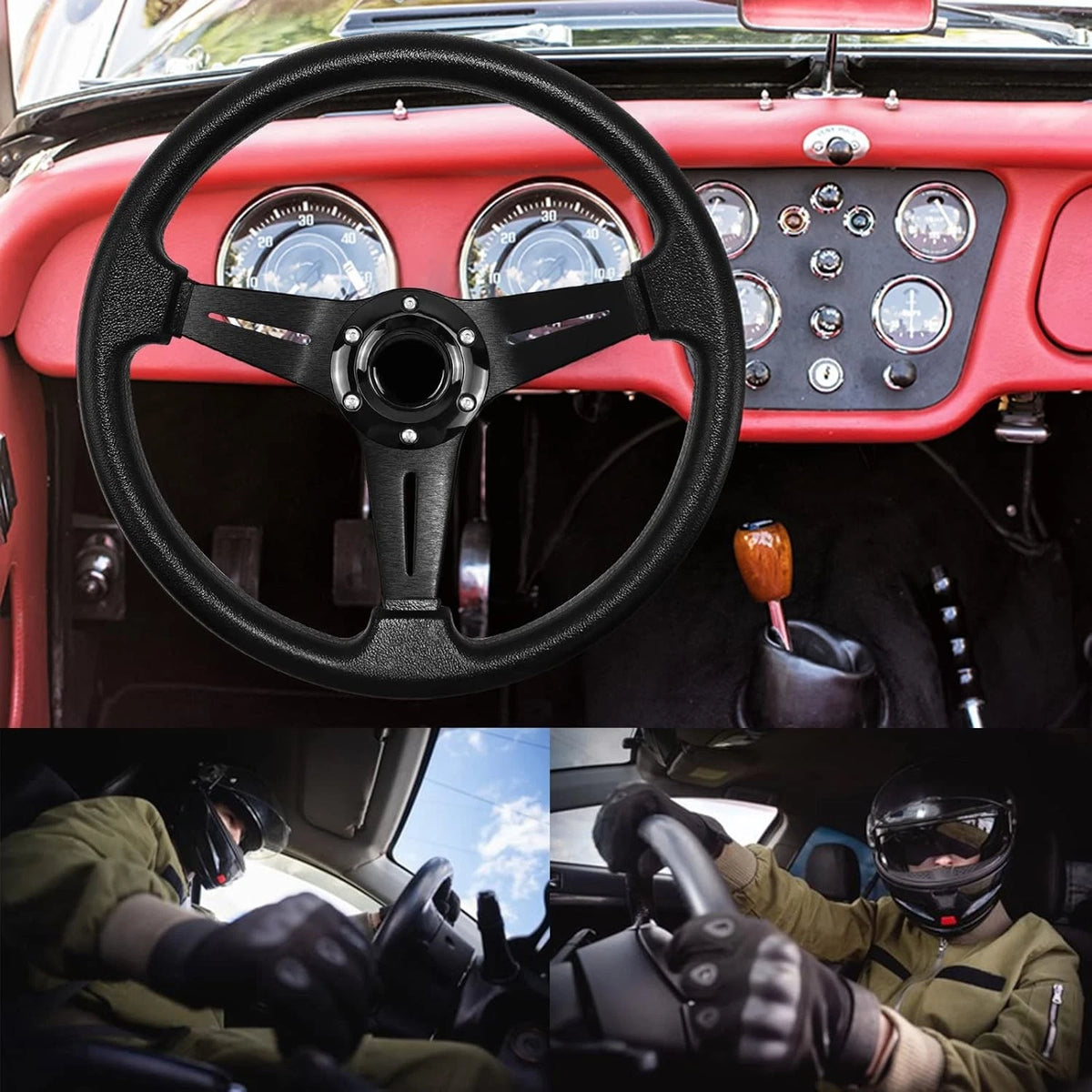 Universal Racing Steering Wheel, 13.8 Inch 6 Bolt Anti-Slip Leather and Black