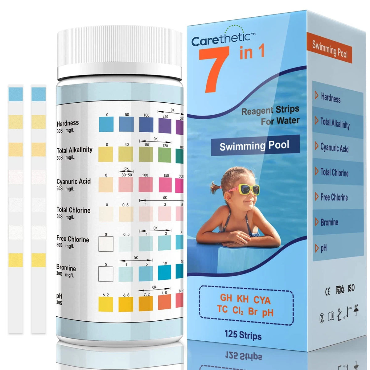 Carethetic 7-in-1 Pool Test Strips, 125 Count & Spa Water Testing Kit...