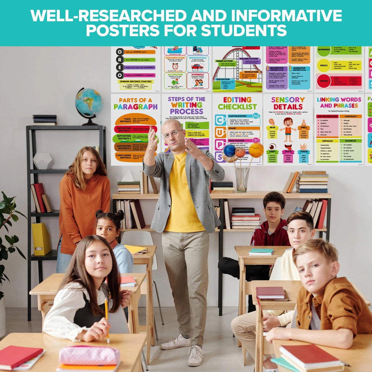 Decorably 12 Writing Posters for Classroom Middle School 11 x 16, Variation