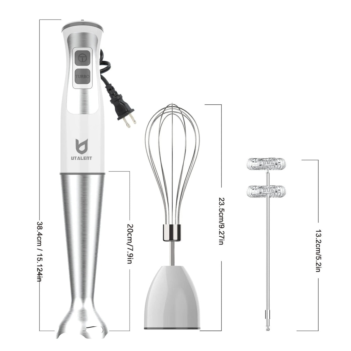 Immersion Hand Blender, UTALENT 3-in-1 8-Speed Stick Blender Compact, White
