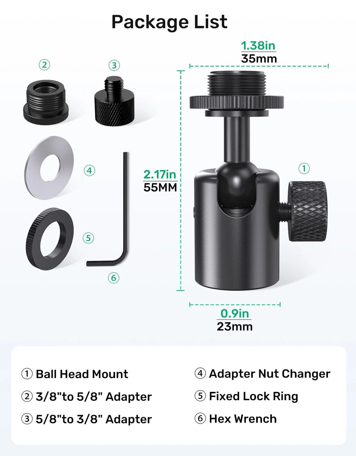 Ball and Socket Head Microphone Adapter with Angle Adjustment– 360° Pan Black