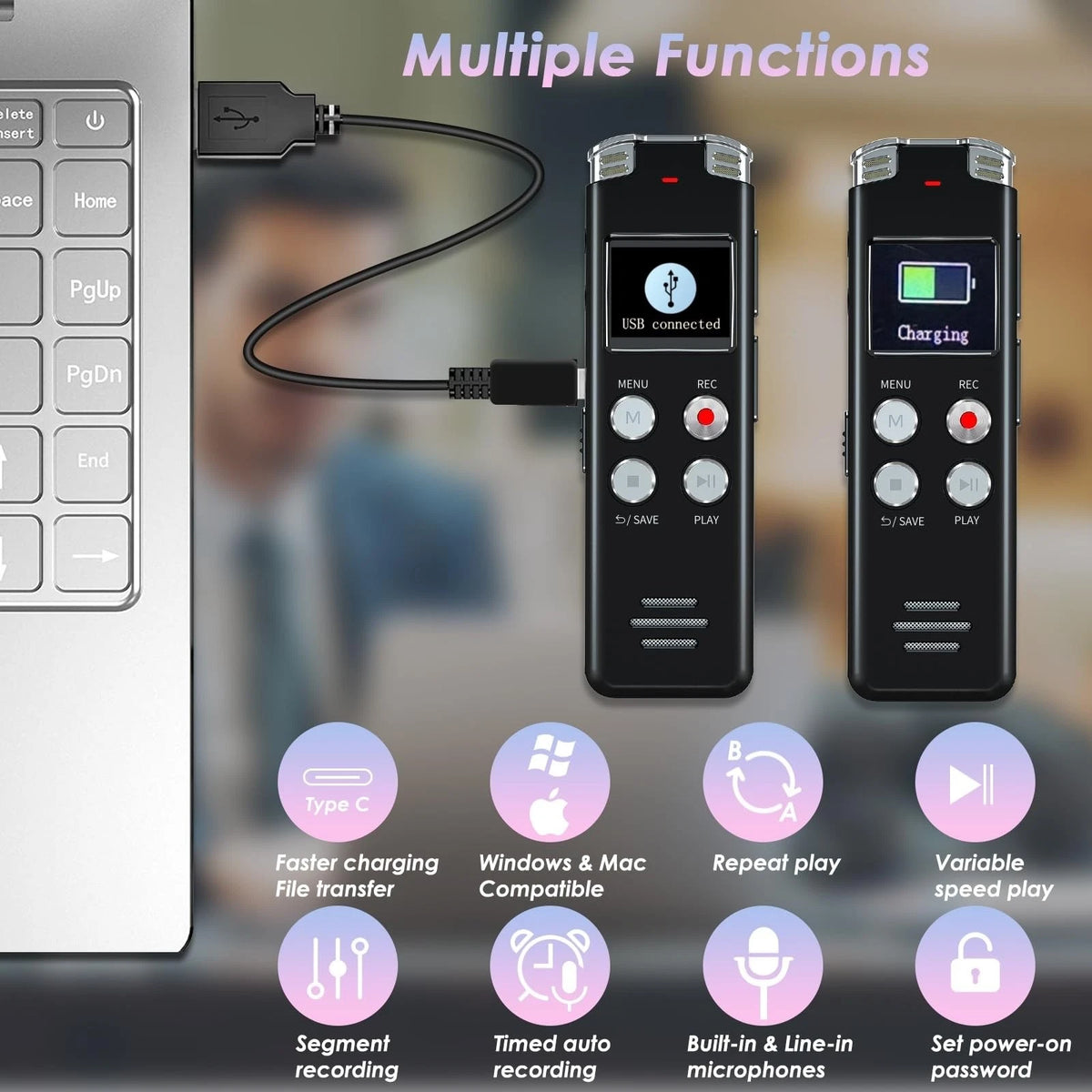 64GB Digital Voice Recorder with Playback: Activated mini, balck