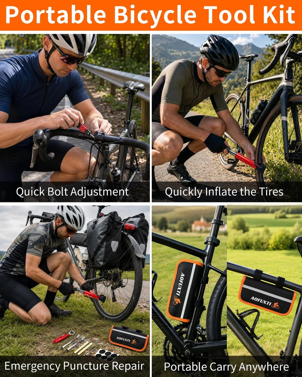 AOFUXTI 14-Piece Bike Repair Kit with Tire Pump, Portable and Large, Black