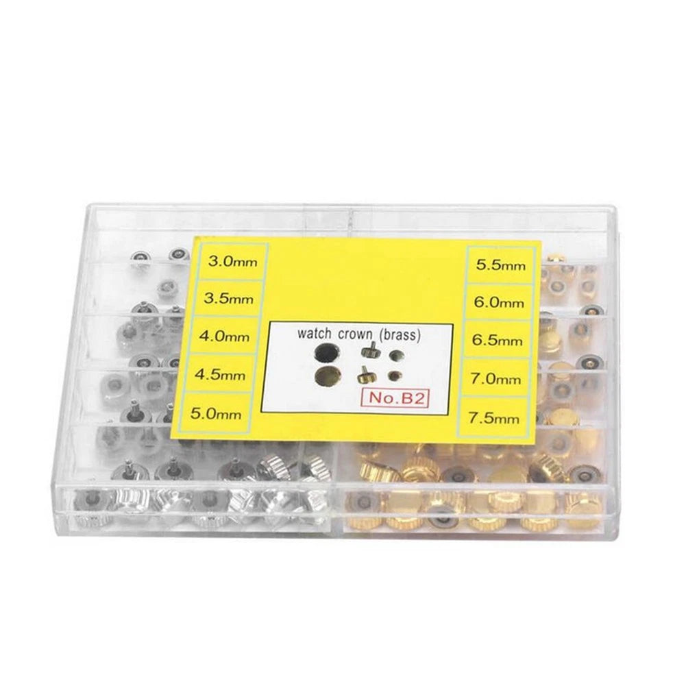 100Pcs Brass Watch Crown Watchmaker Repair Spare Parts Silver&Gold Heads Box D