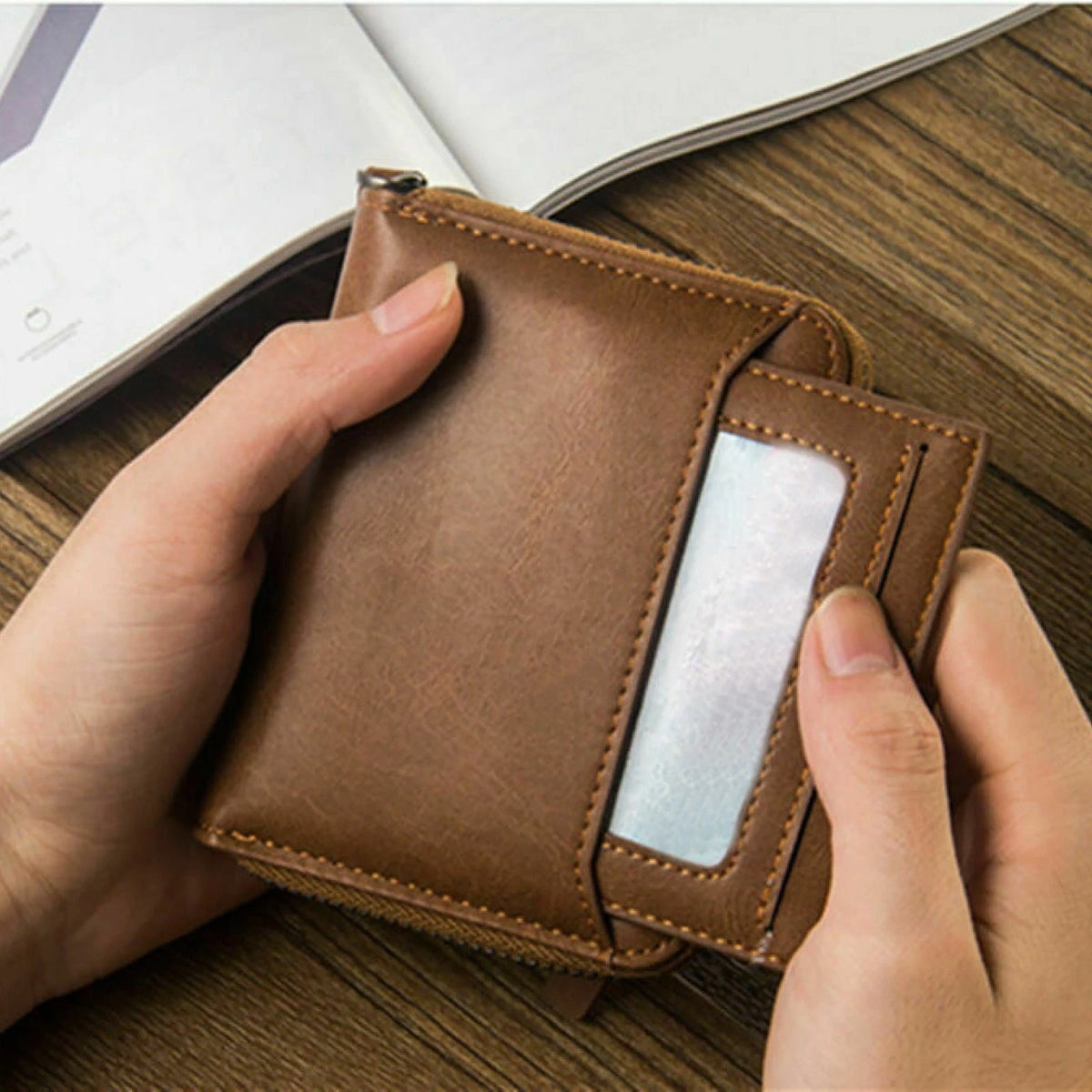 Fashion Men's Leather Business Wallet W/ Coins Pocket Zipper Purse Brown ww