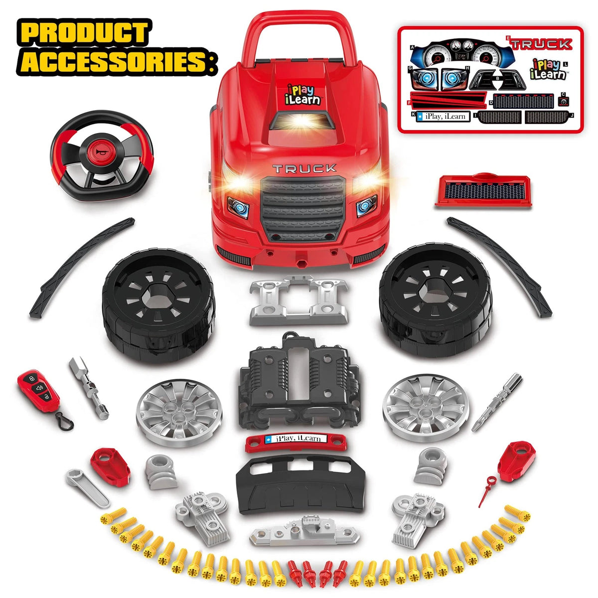 iPlay, iLearn Large Truck Engine Toy, Kids Mechanic Repair Set for big, Red
