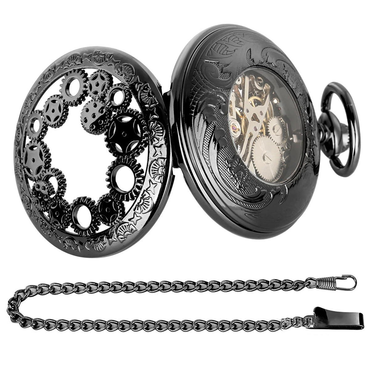 Mens Skeleton Mechanical Pocket Watch Hollow half Hunter Pocket Watch with Chain