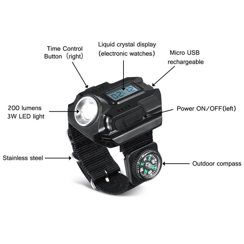 Flashlight LED Torch Compass Tactical LED Rechargeable Outdoor Sport Watch
