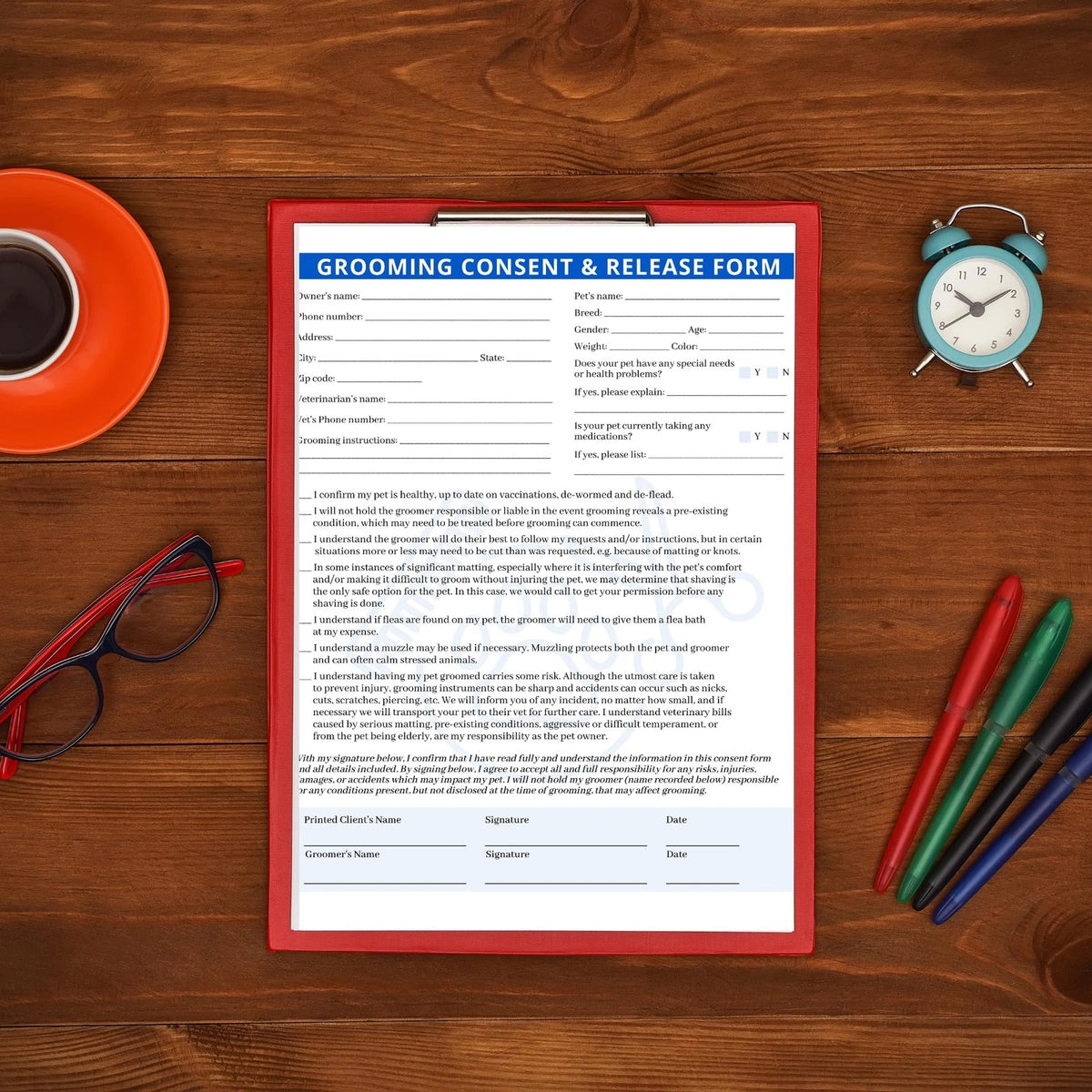 Pet Grooming Intake, Consent & Release Form | 50 Pack 8.5x11 inches, Blue