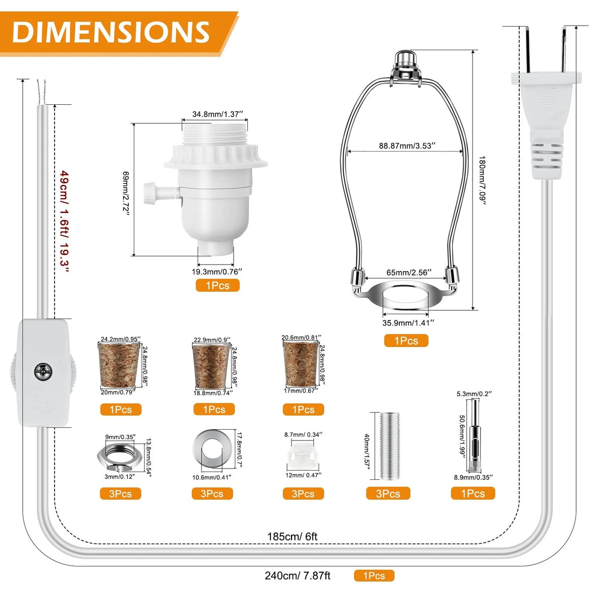 Make a Lamp or Rewire Kit,DIY Bottle Wiring Kit Includes 3-Way white