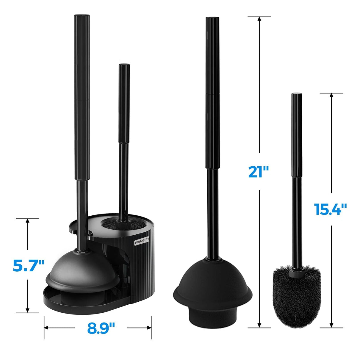 FORASTO 2in1 Toilet Brush and Plunger Set - Bathroom Bowl Holder 1Pack, Black