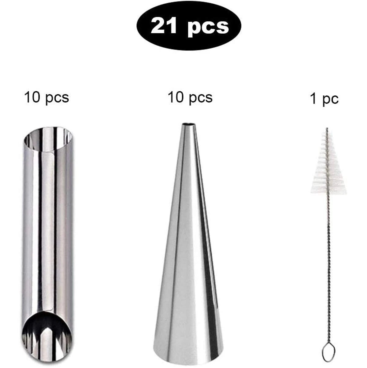 Stainless Steel Cream Horn Molds - 21 Pcs Cannoli Form Tubes & Conical Silver