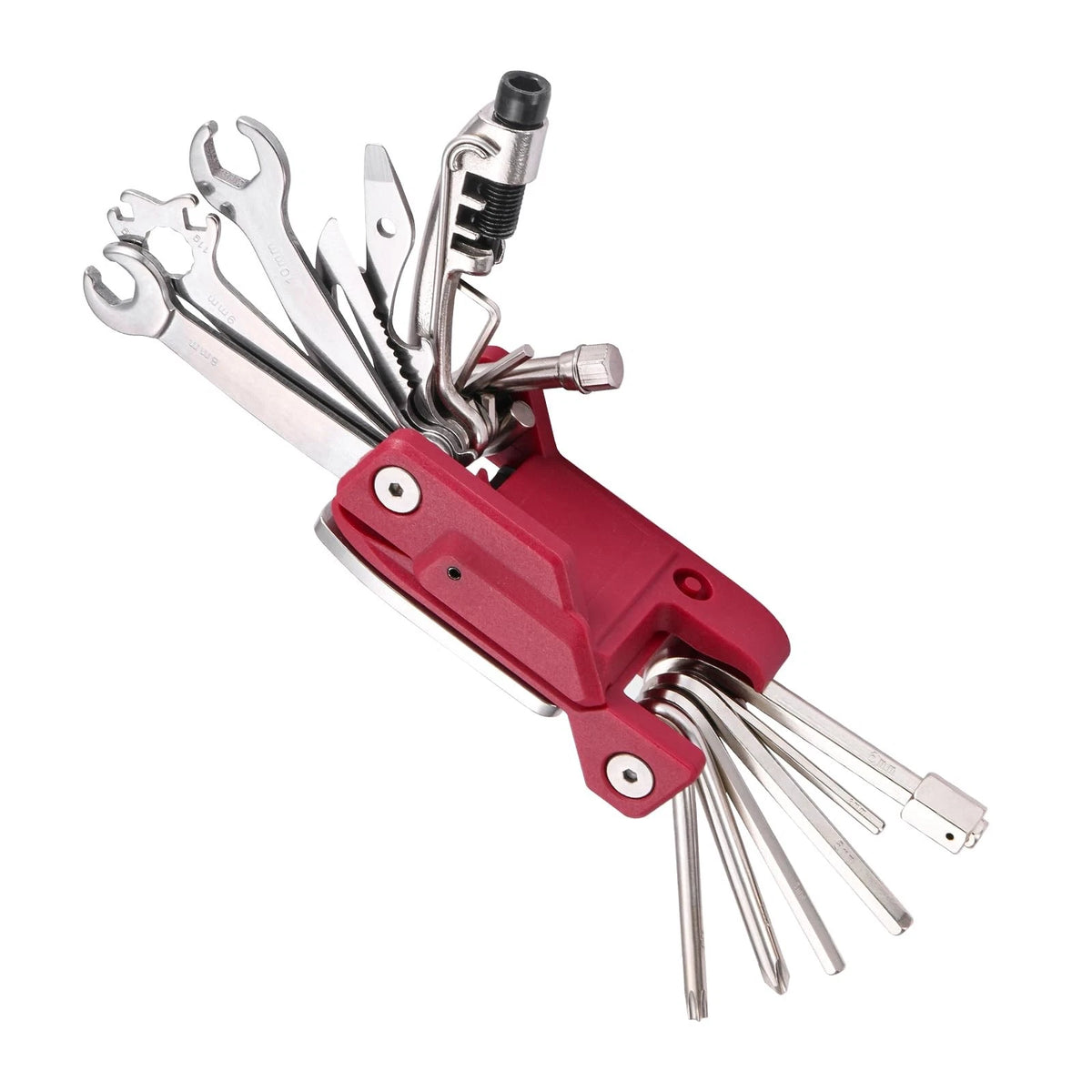 BONNEAIDE 21 Bike Repair Multitool Kit with Carry Case, Portable Silver, Red