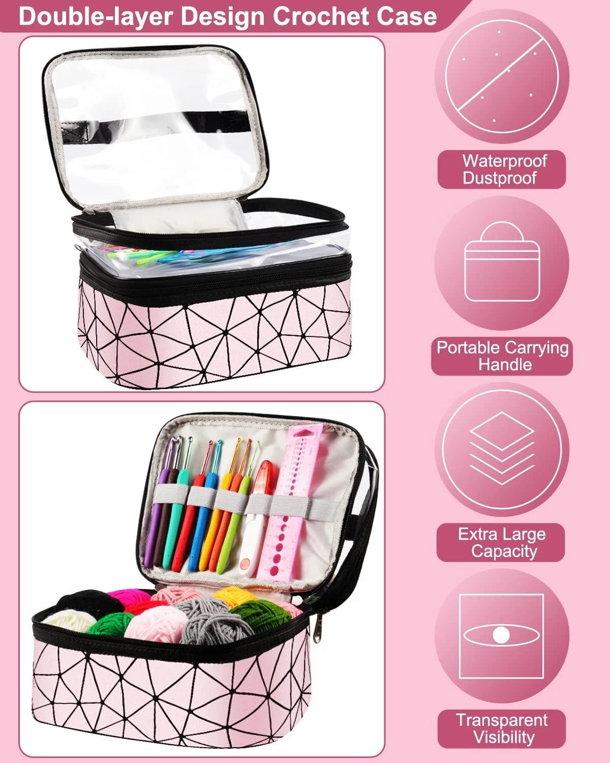 Coopay Crochet Kit for Hooks 21 Size: 0.6-6.0mm, Double-Layer, Pink