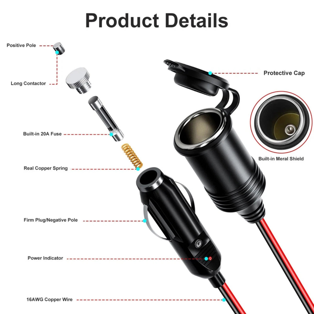 13FT 15A 12V-24V Cigarette Socket Extension 16AWG 240W for Bus Pickup Truck
