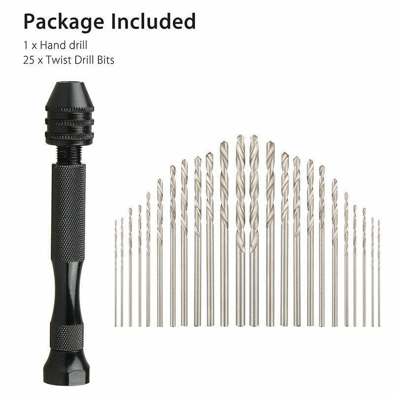 26Pcs Mini Micro Hand Drill Bit Kit Manual Keyless Chuck Pin Vise Rotary Tool