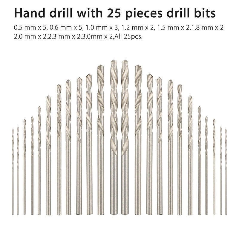 26Pcs Mini Micro Hand Drill Bit Kit Manual Keyless Chuck Pin Vise Rotary Tool
