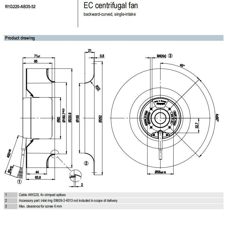 Ebmpapst R1G220-AB35-52 Centrifugal fan DC 24V 106W 3150RPM ??220MM Cooling Fan