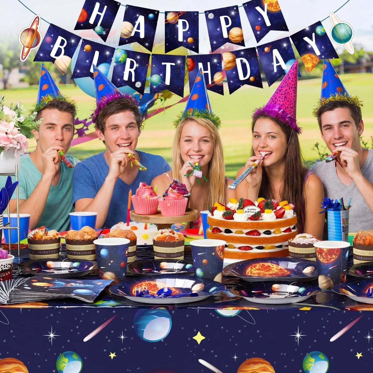 Outer Space Birthday Party Supplies Serve 24 Tableware Set, Blue