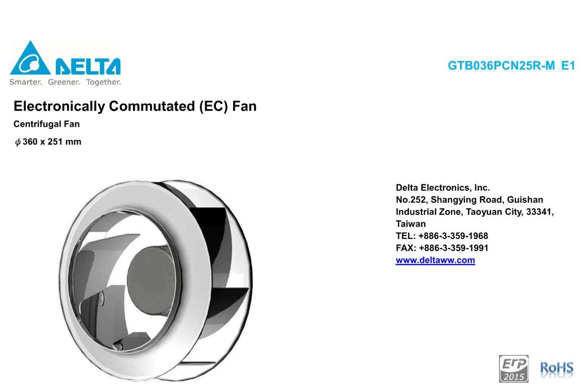 Delta GTB036PCN25R‑M E1 EC Plug Fan 400V Centrifugal Blower for AHU CRAC Unit