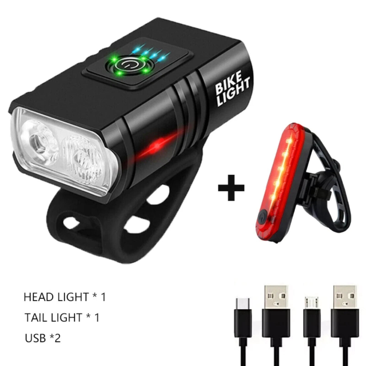 1000LM USB Bike Lamp Set Aluminum Alloy Front and Rear IPX5 Waterproof 6 Modes