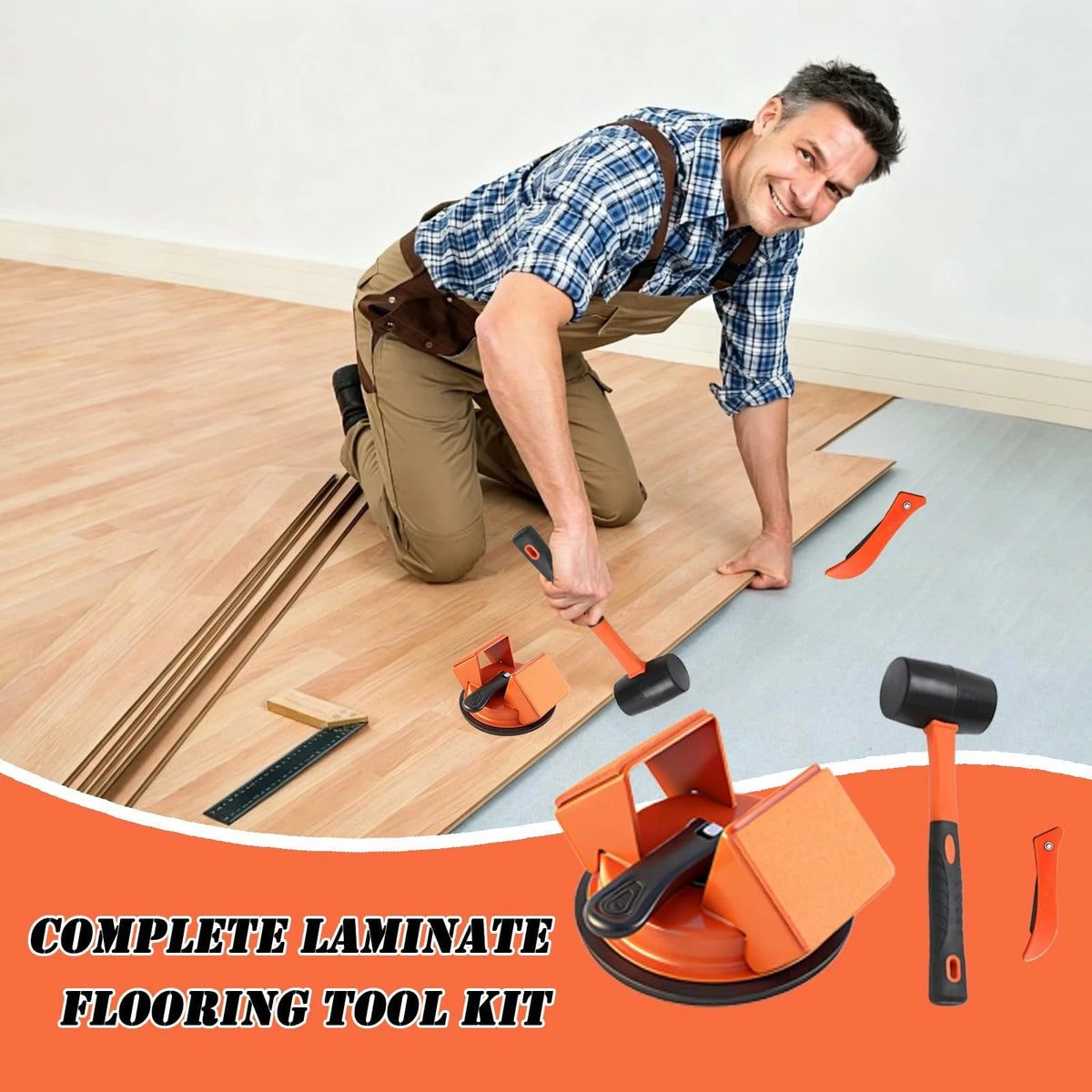 Floor Gap Fixer Tool with Rubber Hammer & Adhesive Pads, Laminate orange