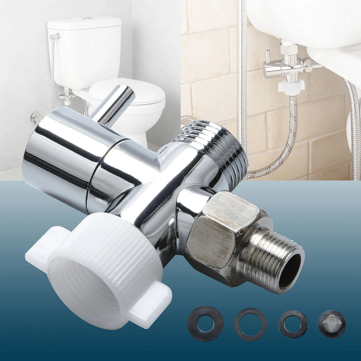 Single Lever 3-Way T Adapter Valve 90° Control for Cloth Diaper Sprayer Silver