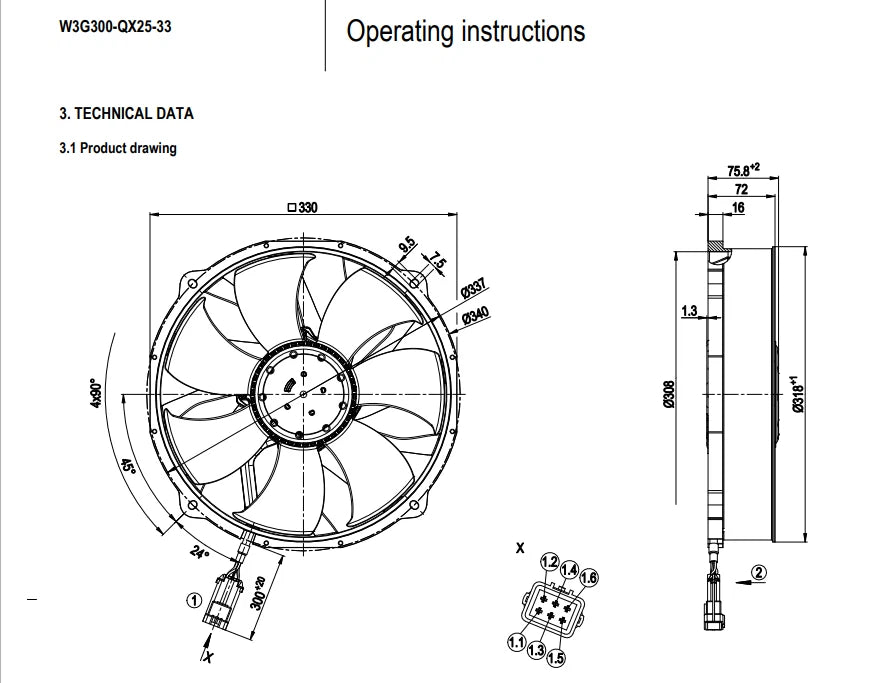Ebmpapst Fan W3G300-QX25-33 Axial Fan 26VDC ??300mm 15.0A 400W Condenser Fan