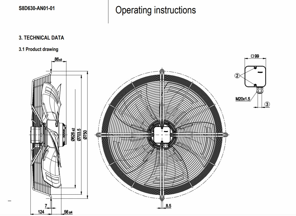 Ebmpapst Fan S8D630-AN01-01 Axial Fan 400/480VAC 490W φ630MM Air Conditioner Fan