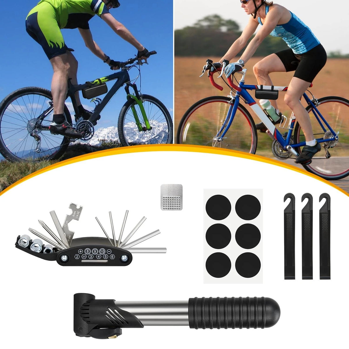 Bike Repair Kit, Tire Multi-Tool+Inflator+Tire Black