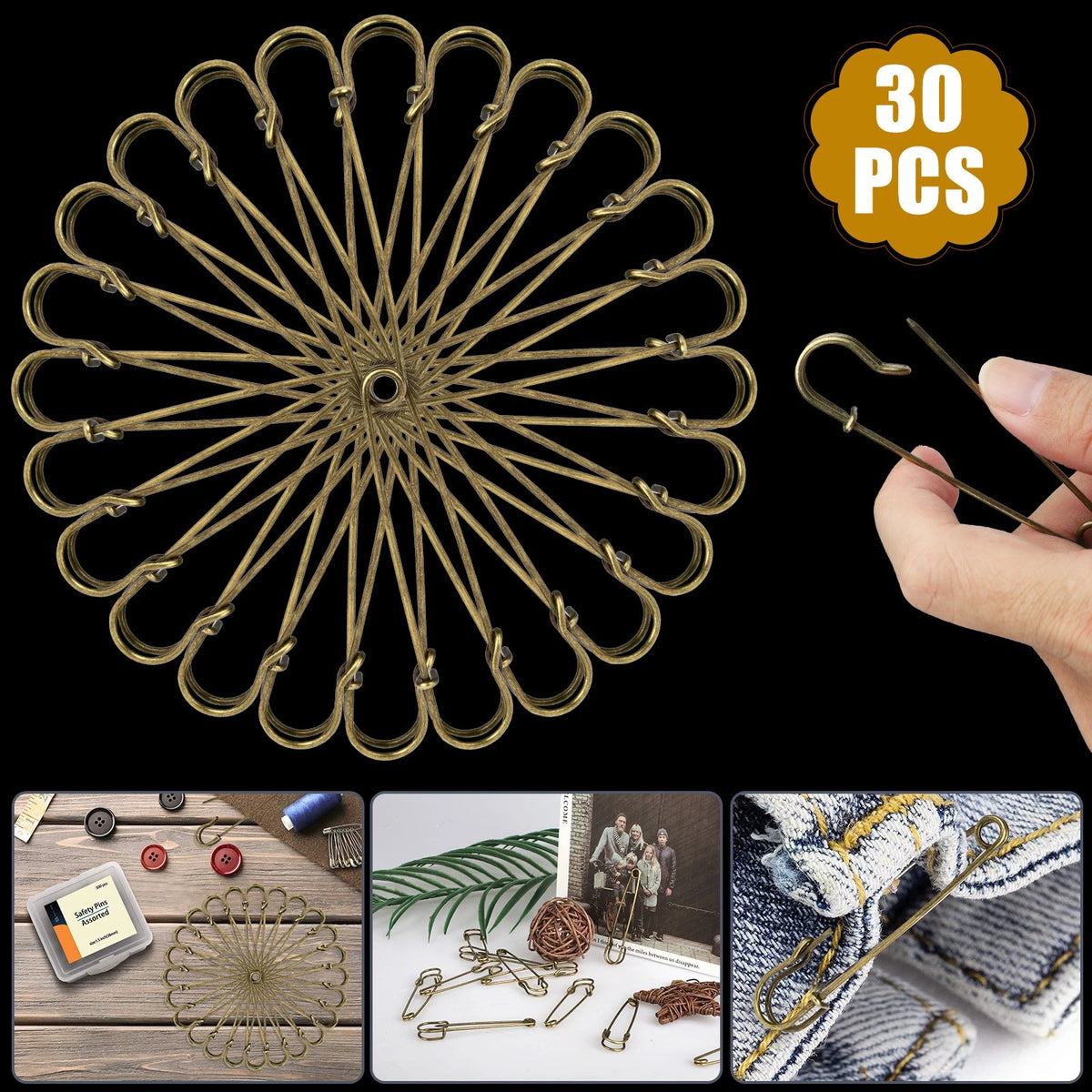 30Pcs/Set Large Heavy Duty Metal Safety Pins Brooch Pins DIY Sewing Tools