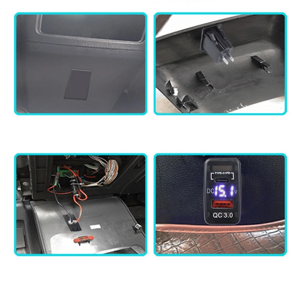 Dual Type C + PD USB QC 3.0 Car Socket Charger 12-24V LED Car Adapter For Toyota