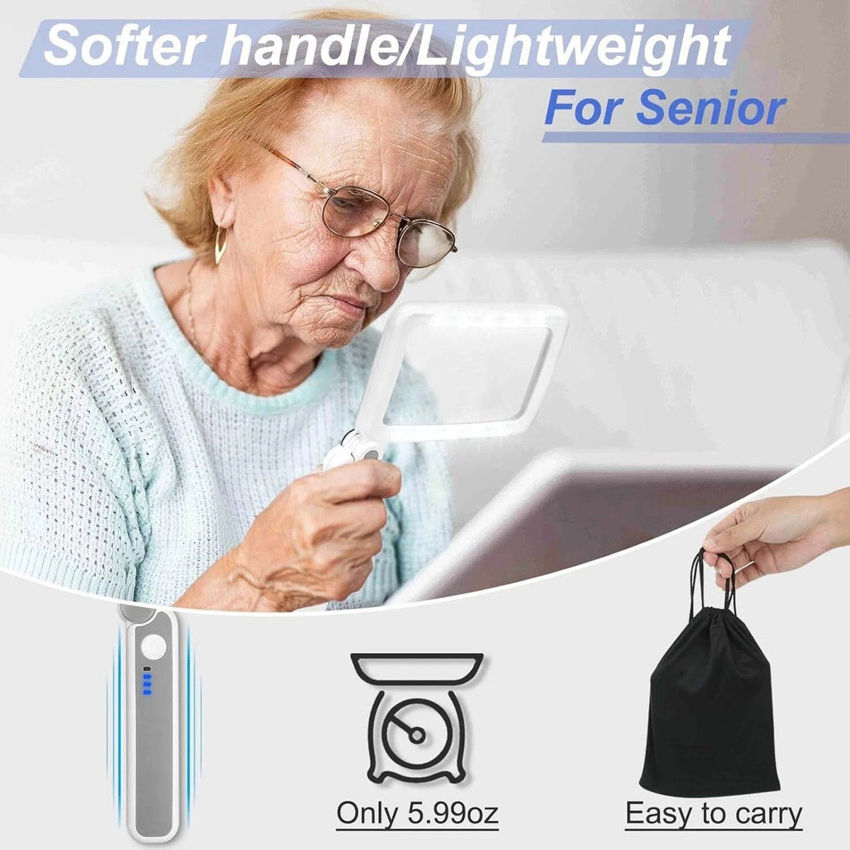 Handheld Illuminated Magnifier 4x 10 Led Dimmable Brightness USB C Rechargeable