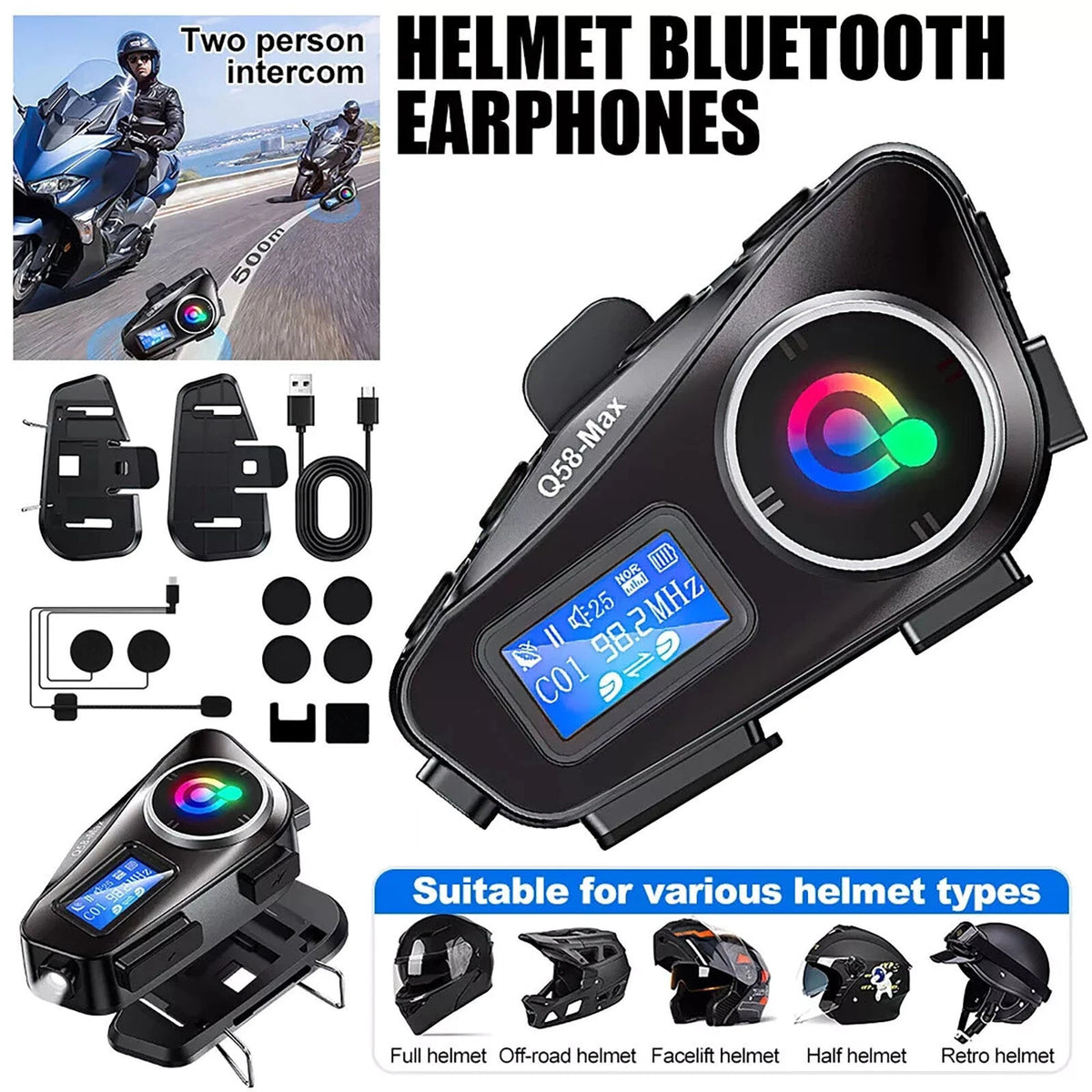 Support FM radio Motorcycle Intercom Helmet Bluetooth Headset LCD Waterproof