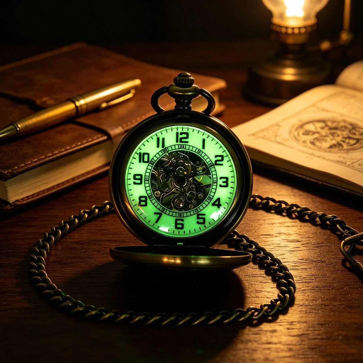 Classic Mechanical Black Steampunk Skeleton Pocket Watch with Chain For Men
