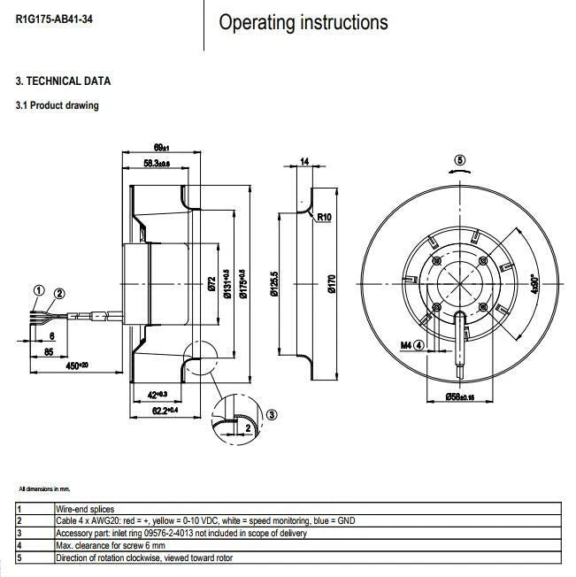 Ebmpapst R1G175-AB41-34 DC 48V 1.0A 34/25W ??175mm Network Cabinet cooling fan
