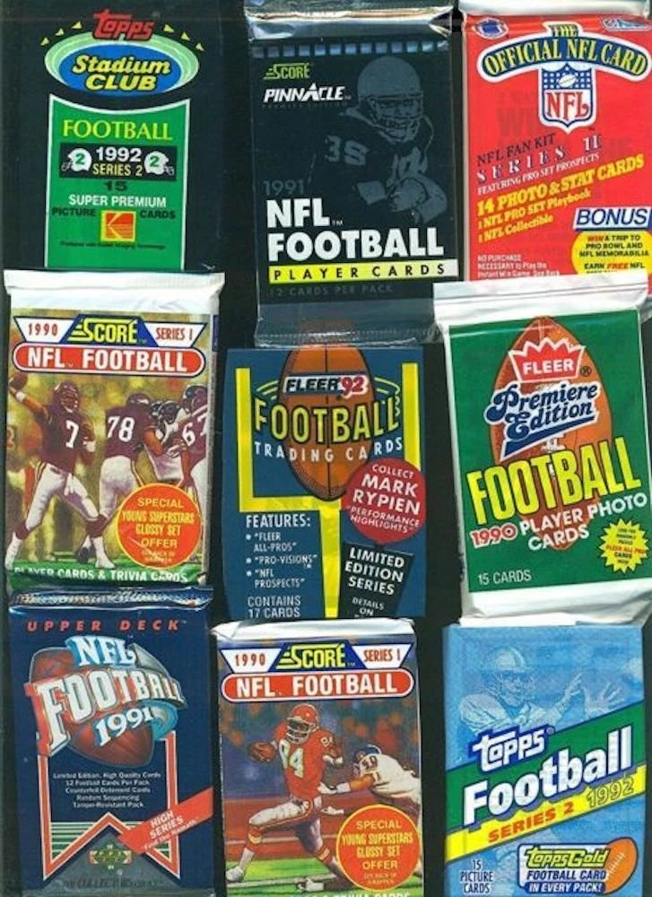 100 Vintage Football Cards in Old Sealed Wax Packs - Retail Box, Mixed