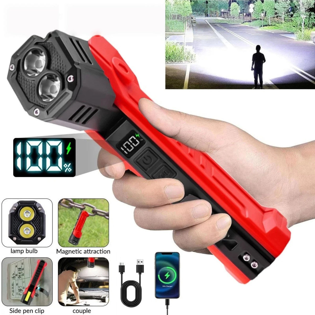 LED Work Light Magnetic Base 600LM Rechargeable Hands-Free Flashlight Lamp