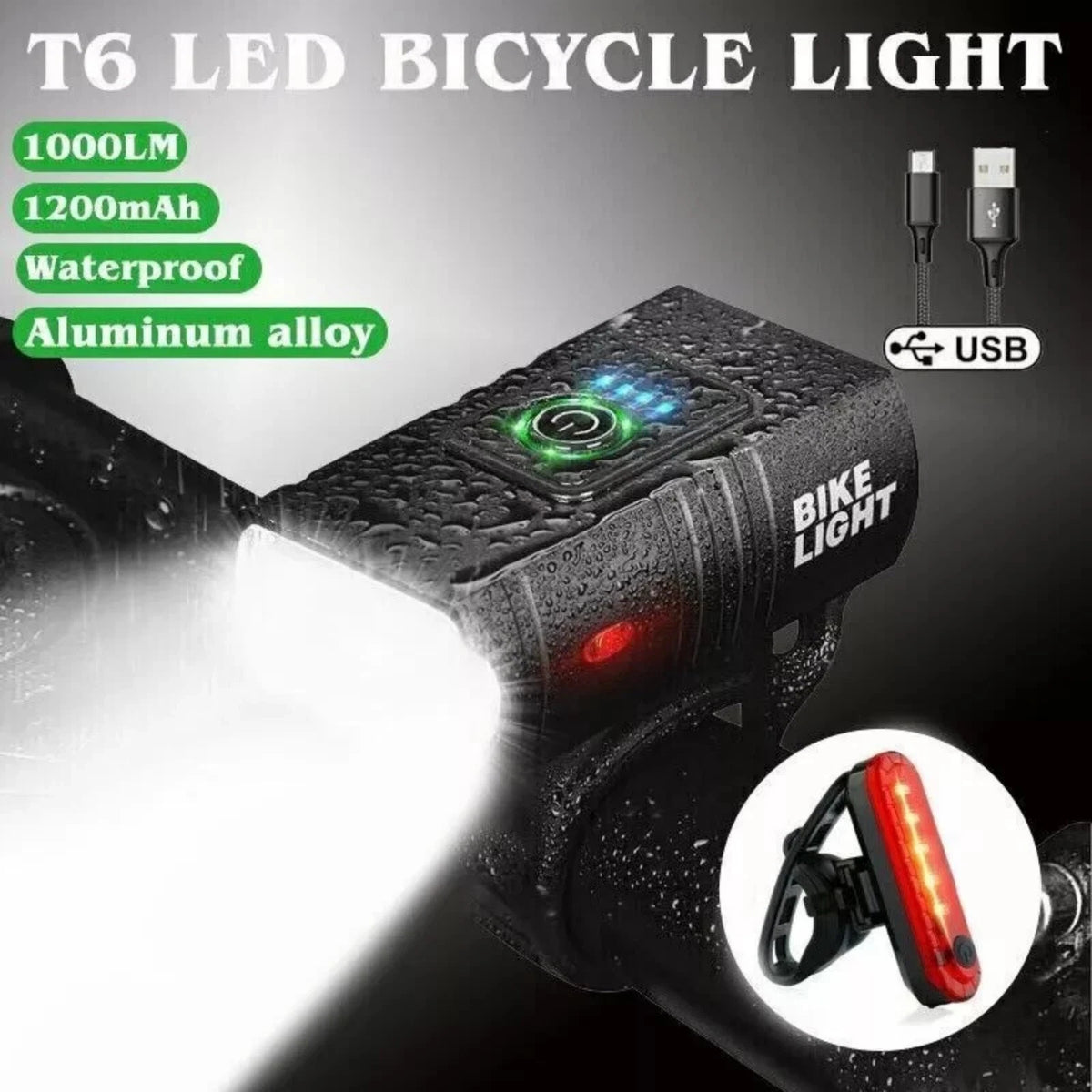1000LM USB Bike Lamp Set Aluminum Alloy Front and Rear IPX5 Waterproof 6 Modes