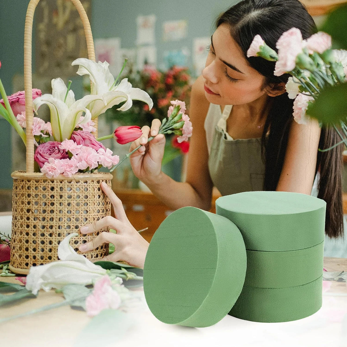 Round Floral Foam Blocks Florist Wet Dry Green 4 Pack 4.7 inch