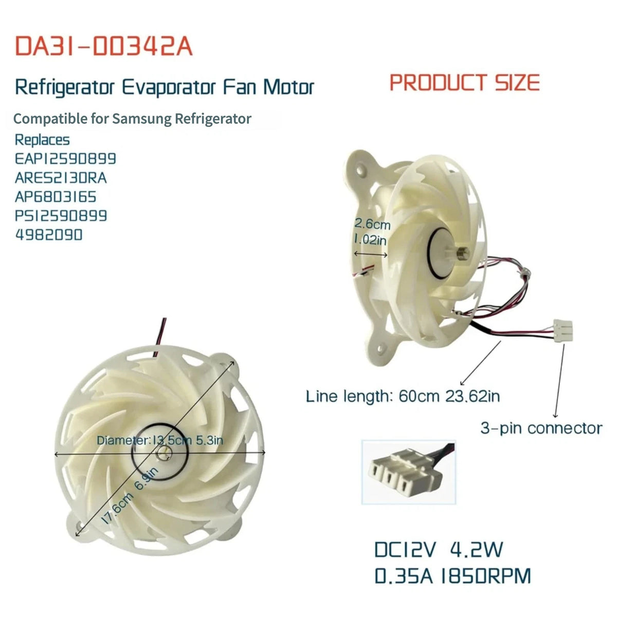 DA31-00342A Evaporator Fan Motor Part for Samsung Refrigerator 4.2W AP6803165