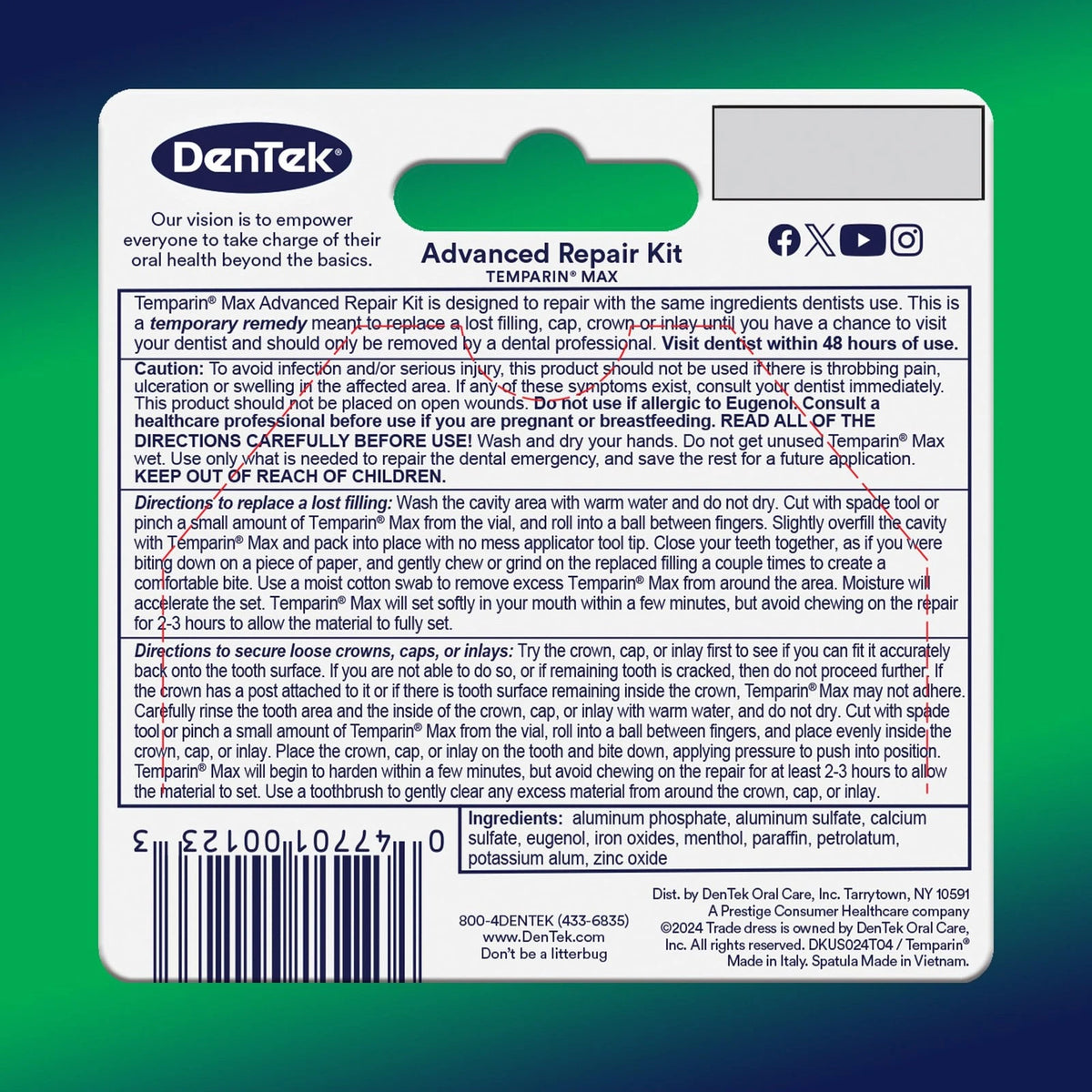 DenTek Temparin Max Dental Repair Kit, for Pain 2.64 Gram (Pack of 6), Silver