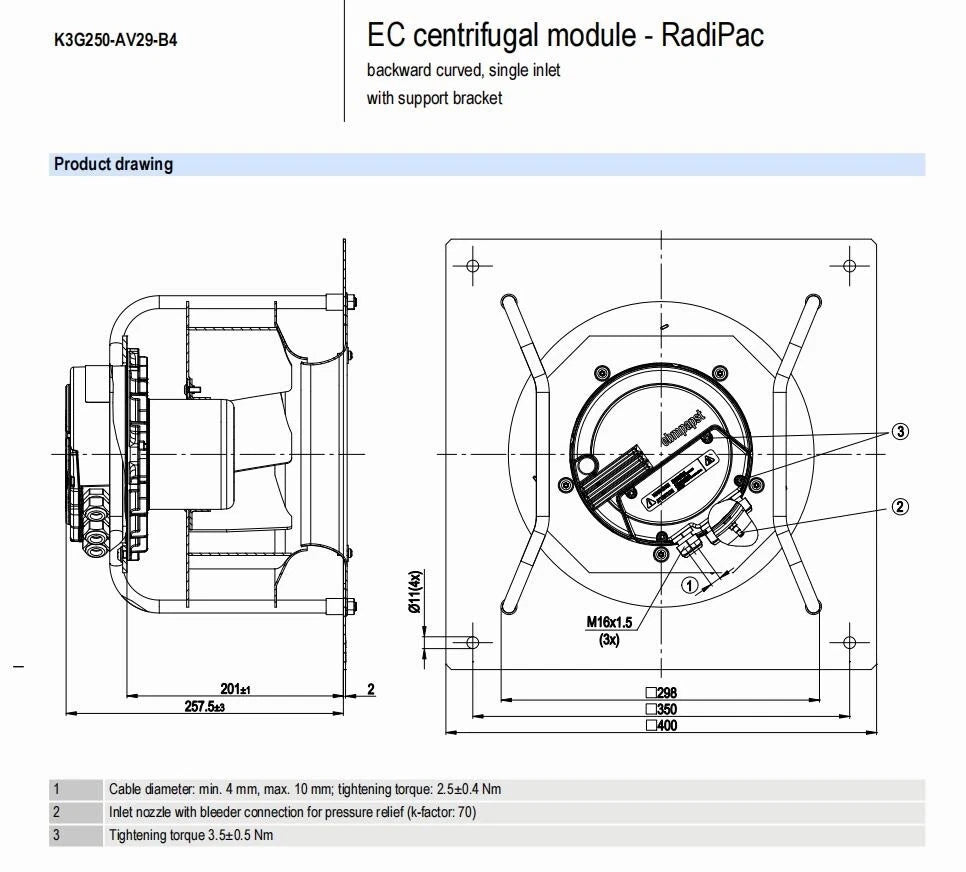 Ebmpapst K3G250-AV29-B4 Centrifugal Fan 1~ 200~277VAC 750W 3.3A EC Cooling Fan