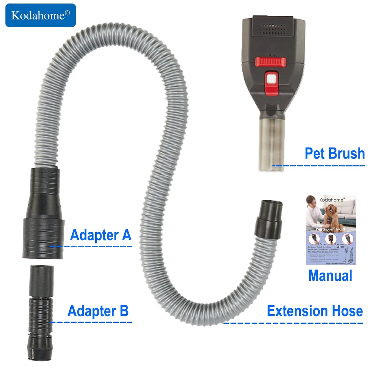 Kodahome Dog Brush Vacuum Attachment with 1"-1.75" Universal Standard, Grey