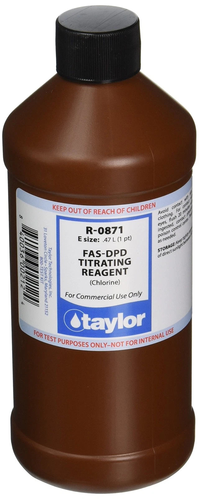 Taylor Technologies R-0871-E FAS-DPD Titrating Reagent, 16 oz, Liquid Clear
