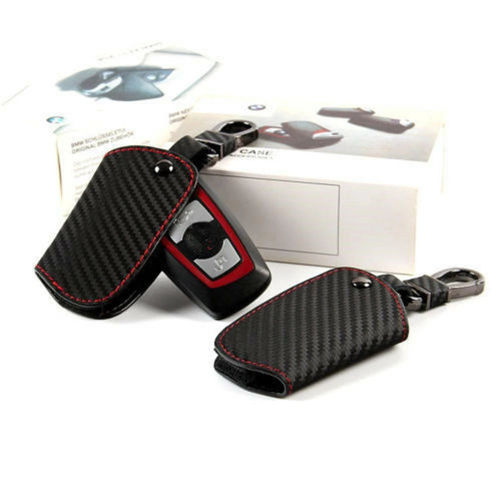 Car Black Leather Key Case Carbon Fiber Bag For BMW 1 2 3 4 5 6 Series E
