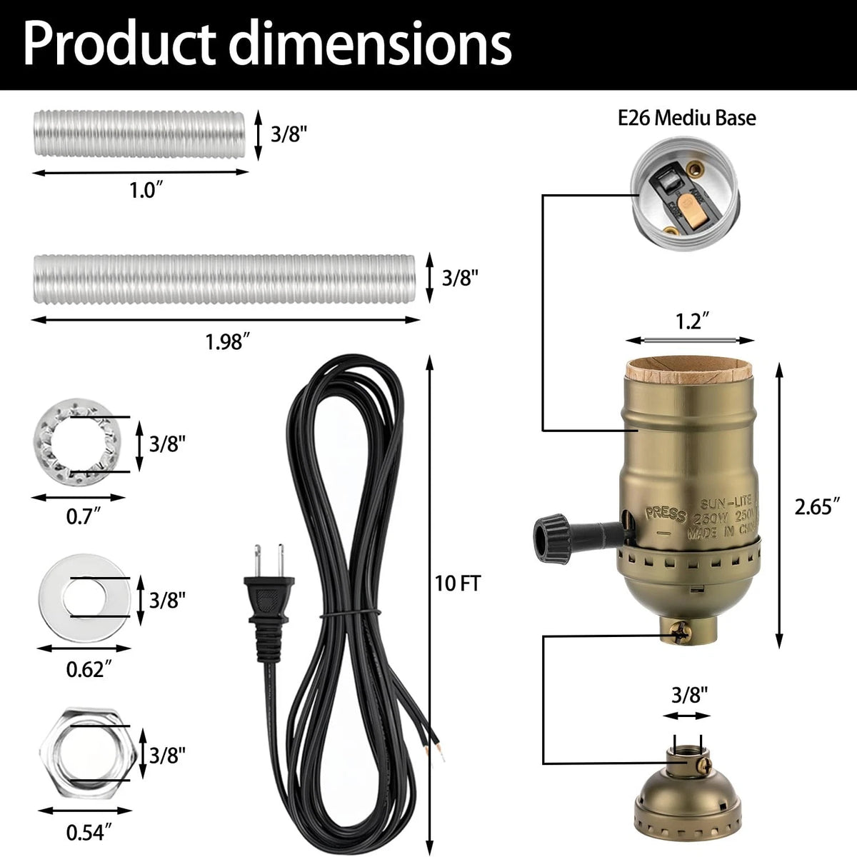 Lamp Rewire Kit, 10 Foot Matching Cord, 2 Way Socket and Antique Brass