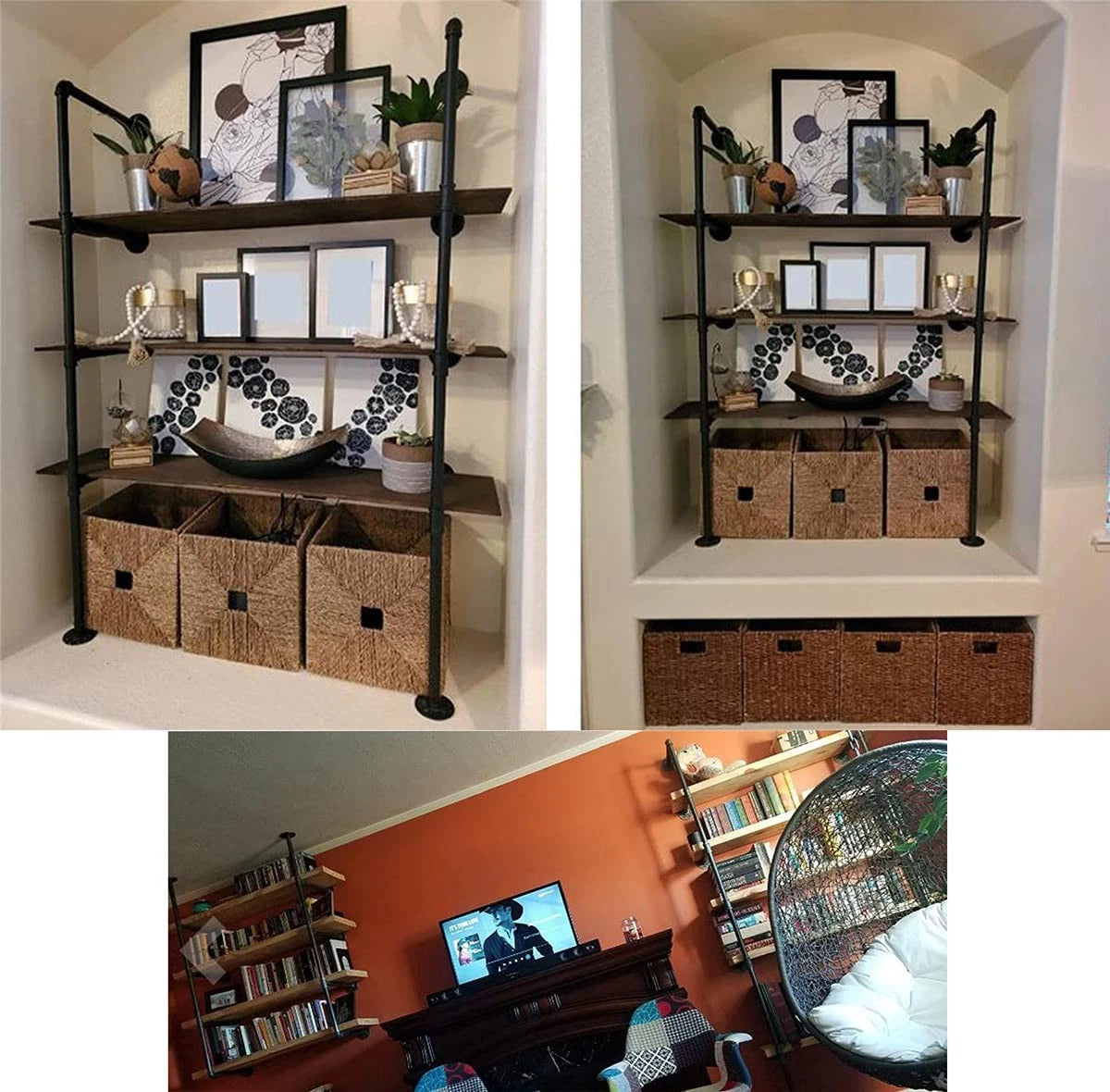 Industrial Wall Mount Iron 2 Pcs 4 Tier pipe shelf,Not included planks, Black