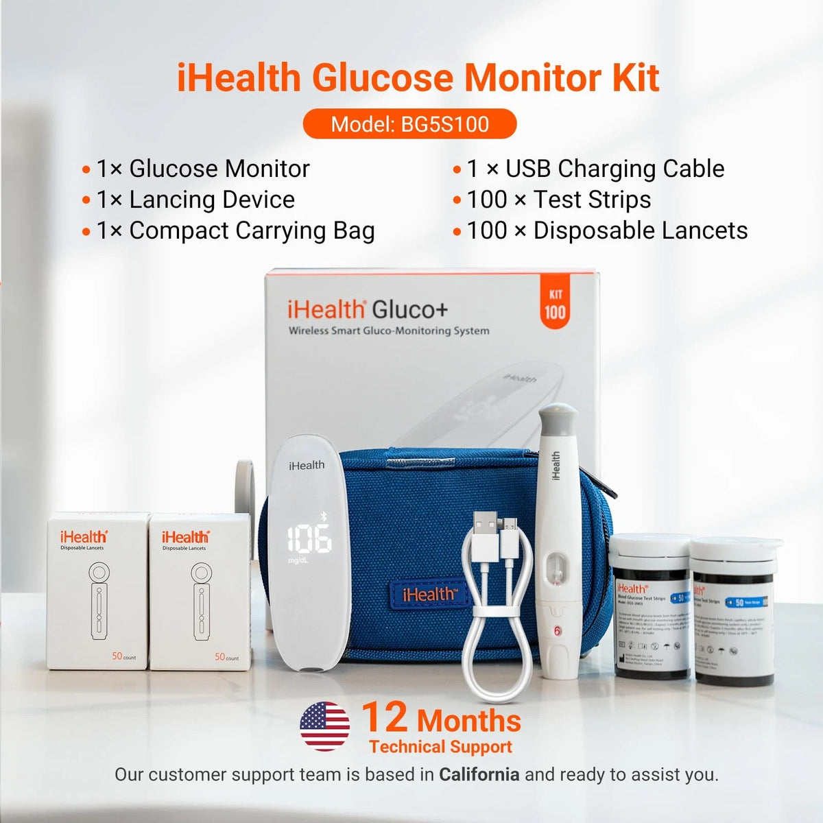 iHealth Gluco+ Wireless Smart Blood Glucose Monitor Kit with Free App, White